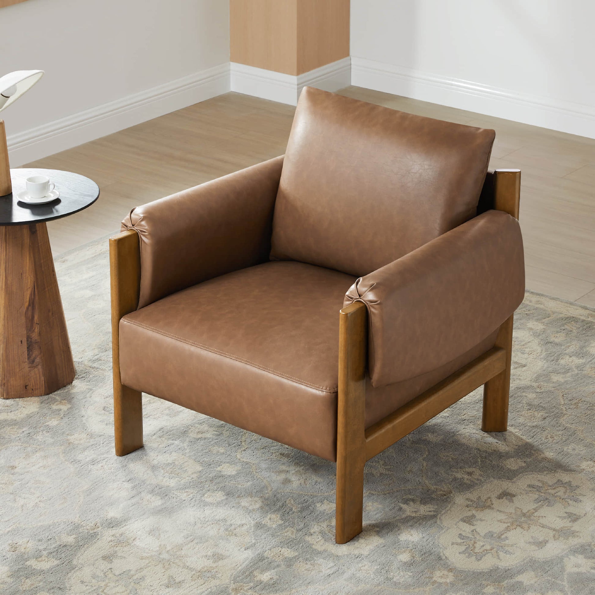 Harbor Accent Chair, a harmony of wood and soft upholstery, in a cozy living room setting.