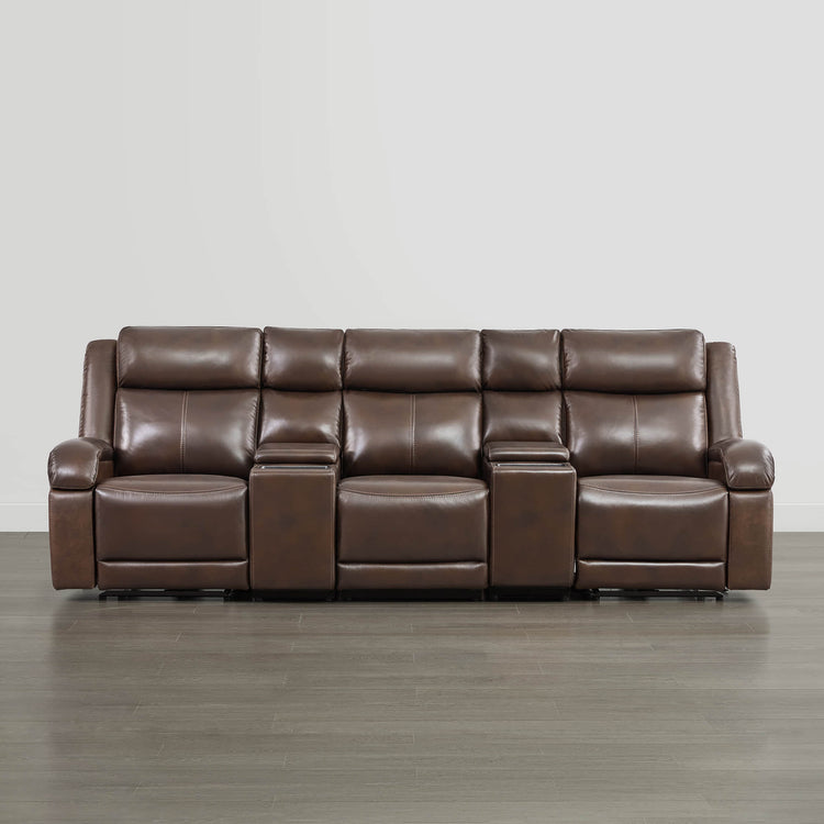 Brown leather Isaac reclining sofa with power headrest and console, modern living room furniture