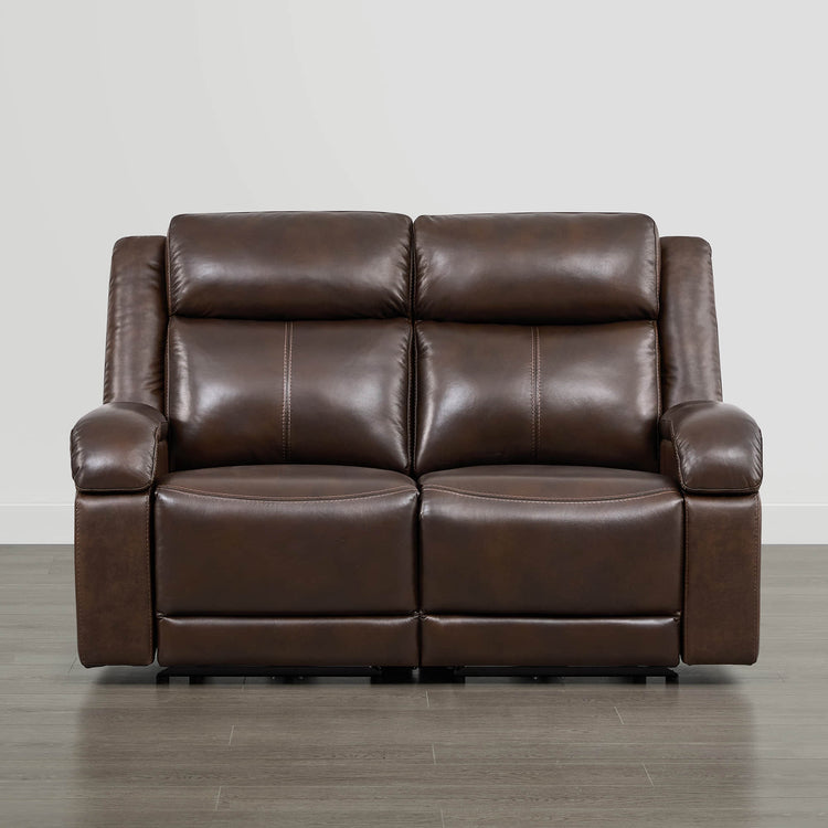 Brown leather Isaac power reclining sofa with power headrest. Modern living room furniture