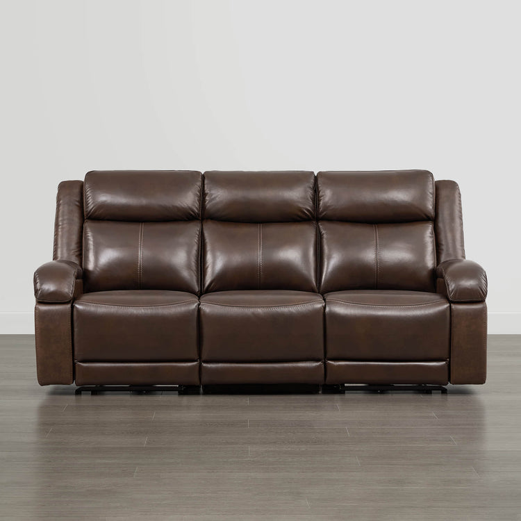 Brown leather Isaac power reclining sofa with power headrest. Modern furniture.
