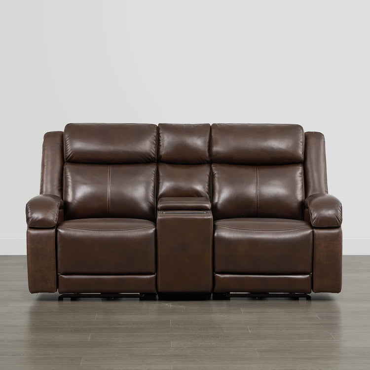 Brown leather Isaac reclining sofa with power headrest and console, modern furniture