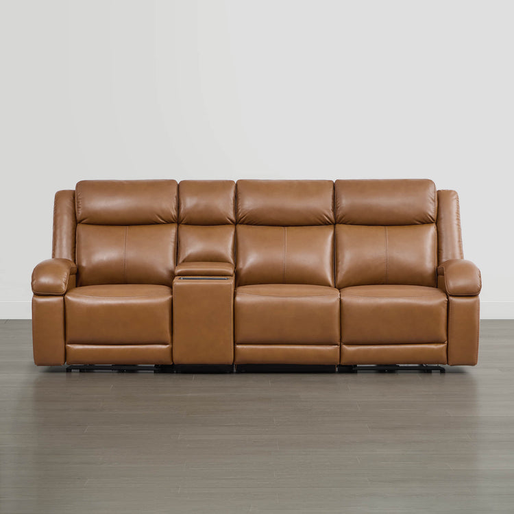 Brown leather Isaac power reclining sofa with console, modern living room furniture
