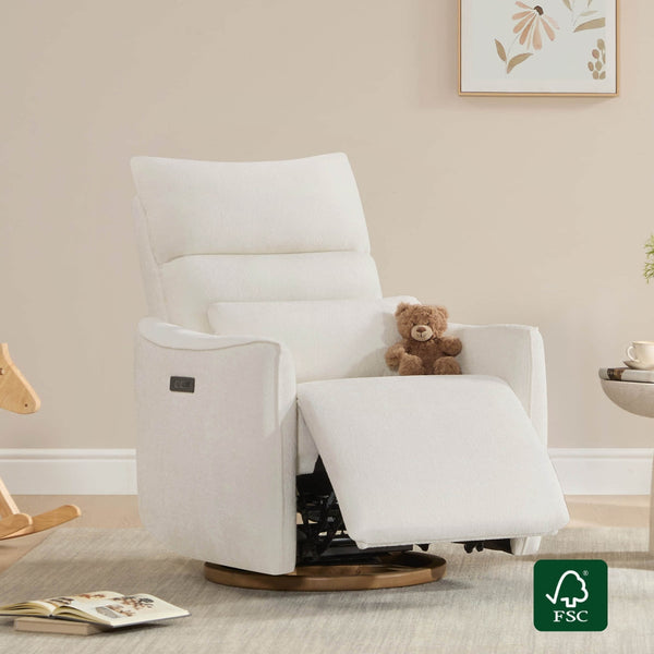 Janice Power Swivel Nursery Glider Recliner in white with teddy bear, power headrest, comfortable for mom, nursery furniture