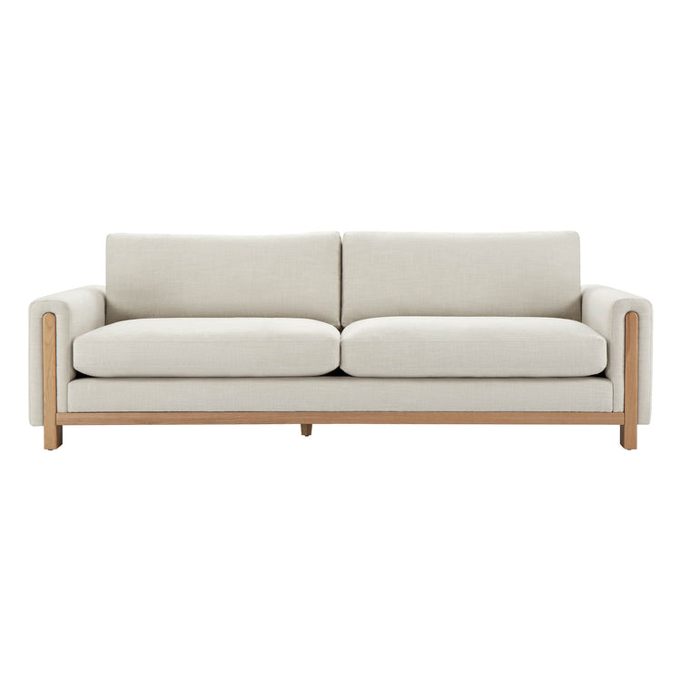 Keaton 3-Seater Sofa with wood base in light fabric, showcasing modern minimalist design - CHITA Living
