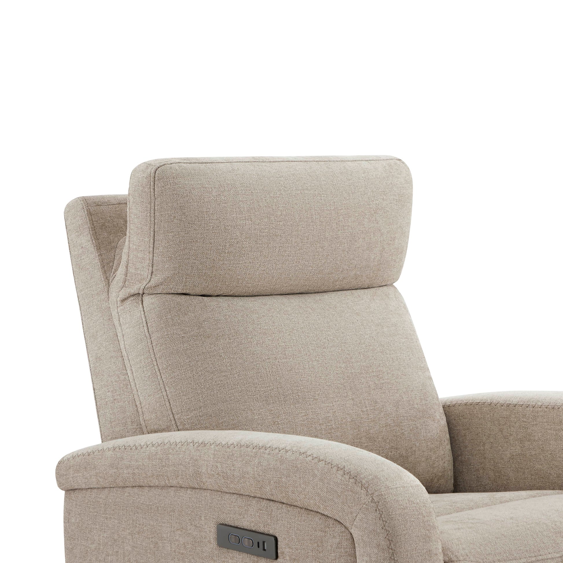Close-up of Keni recliner headrest in light beige with soft upholstery - CHITA Living