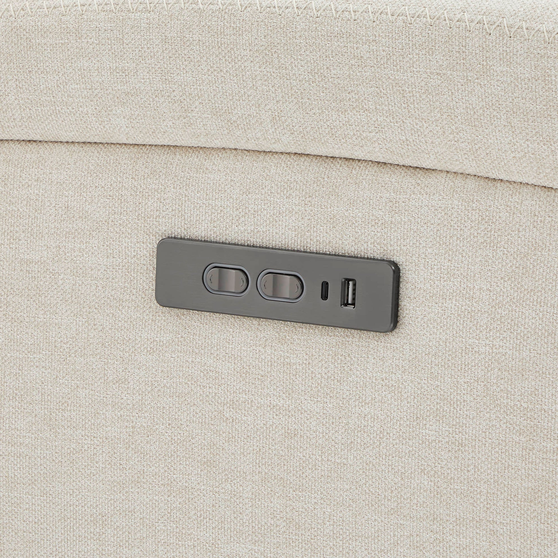Close-up of Keni recliner control panel with USB and Type-C port - CHITA Living