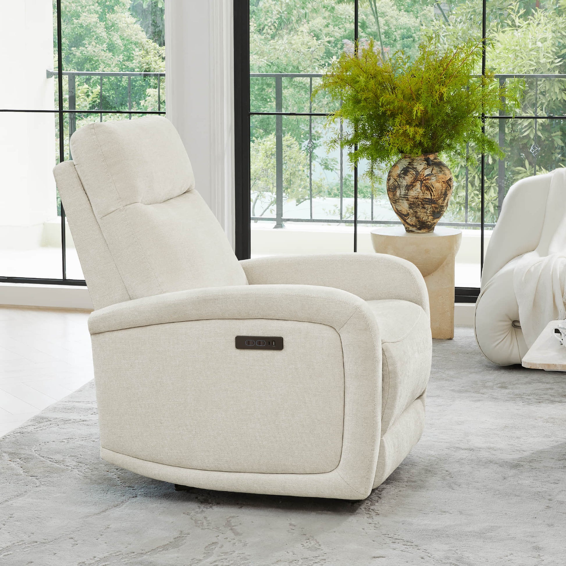 Side view of Keni Power Wall Hugger Recliner in light beige with minimalist design - CHITA Living