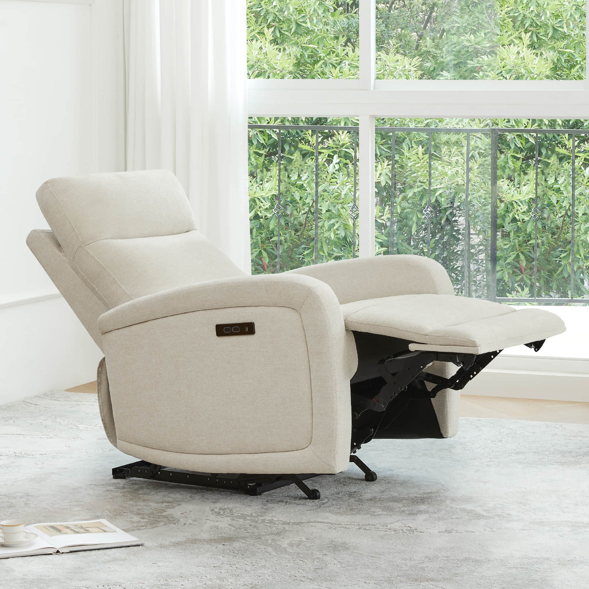 Keni Power Wall Hugger Recliner in light beige, fully reclined against a wall - CHITA Living