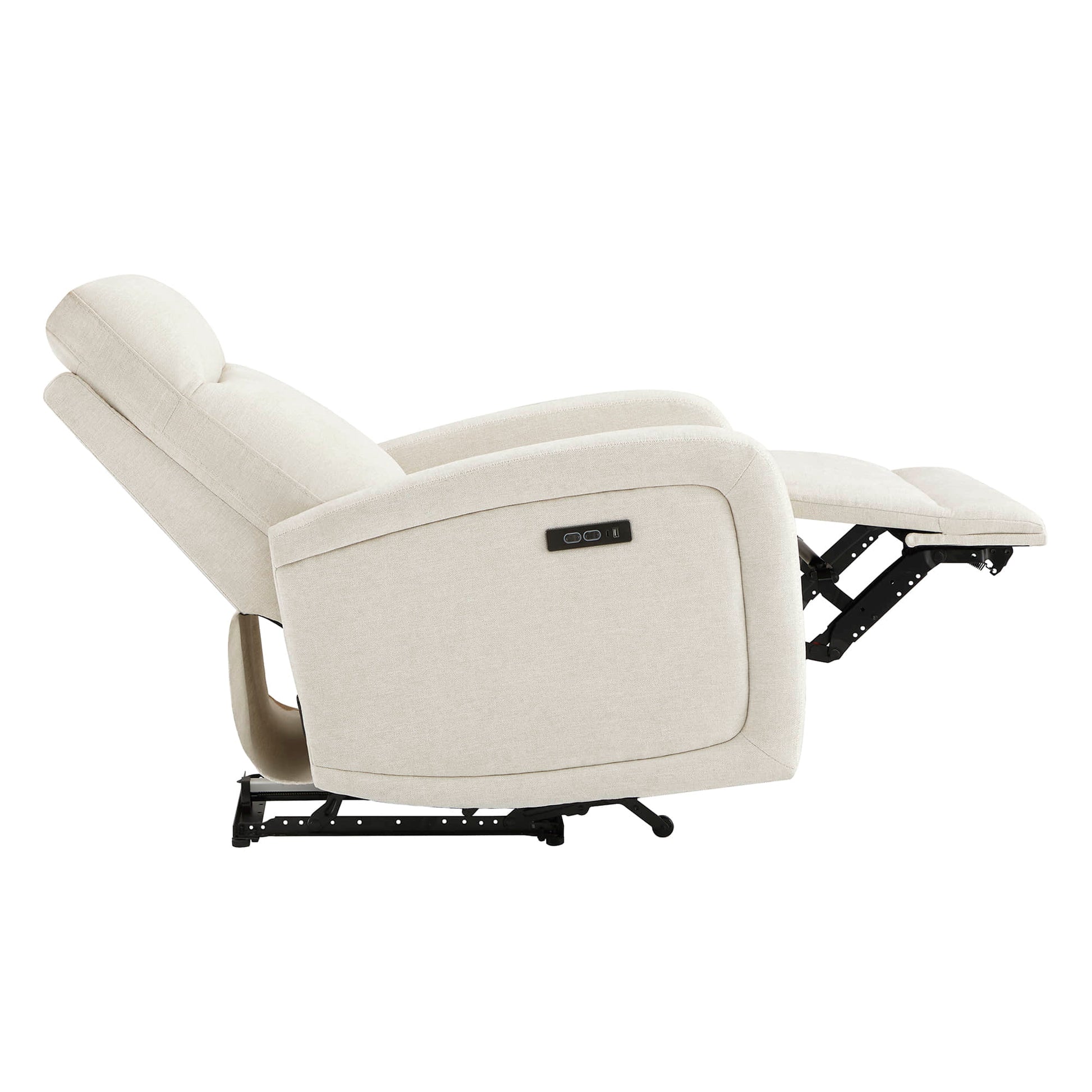Side view of Keni Power Wall Hugger Recliner in light beige, fully reclined - CHITA Living