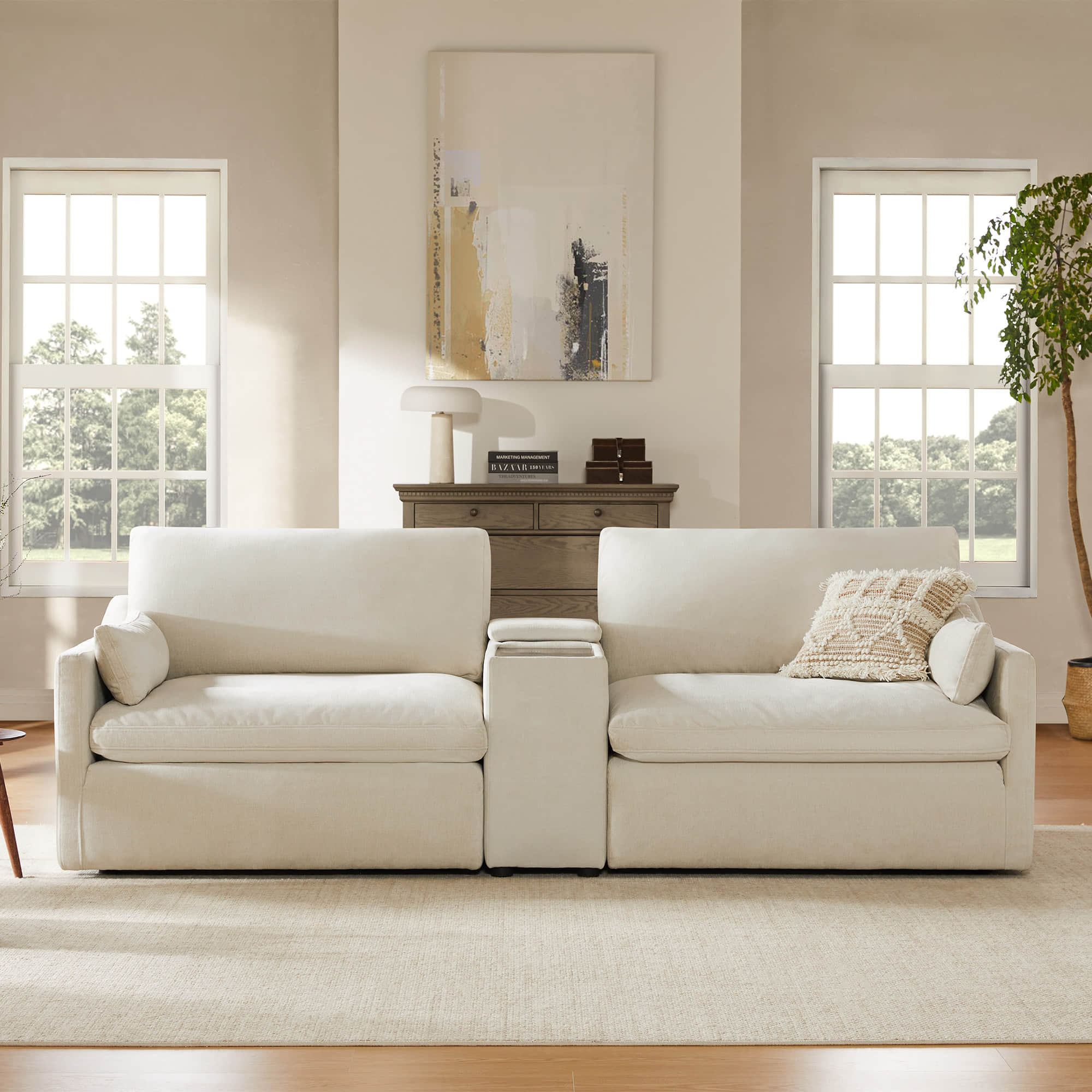 Kenna 2 Seat Modular Sofa in off-white, modern living room setting, soft cushions, and a console table.