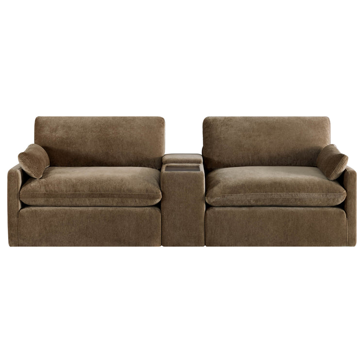 Kenna 2 Seat Modular Sofa in brown fabric with center console, modern design and comfortable seating.