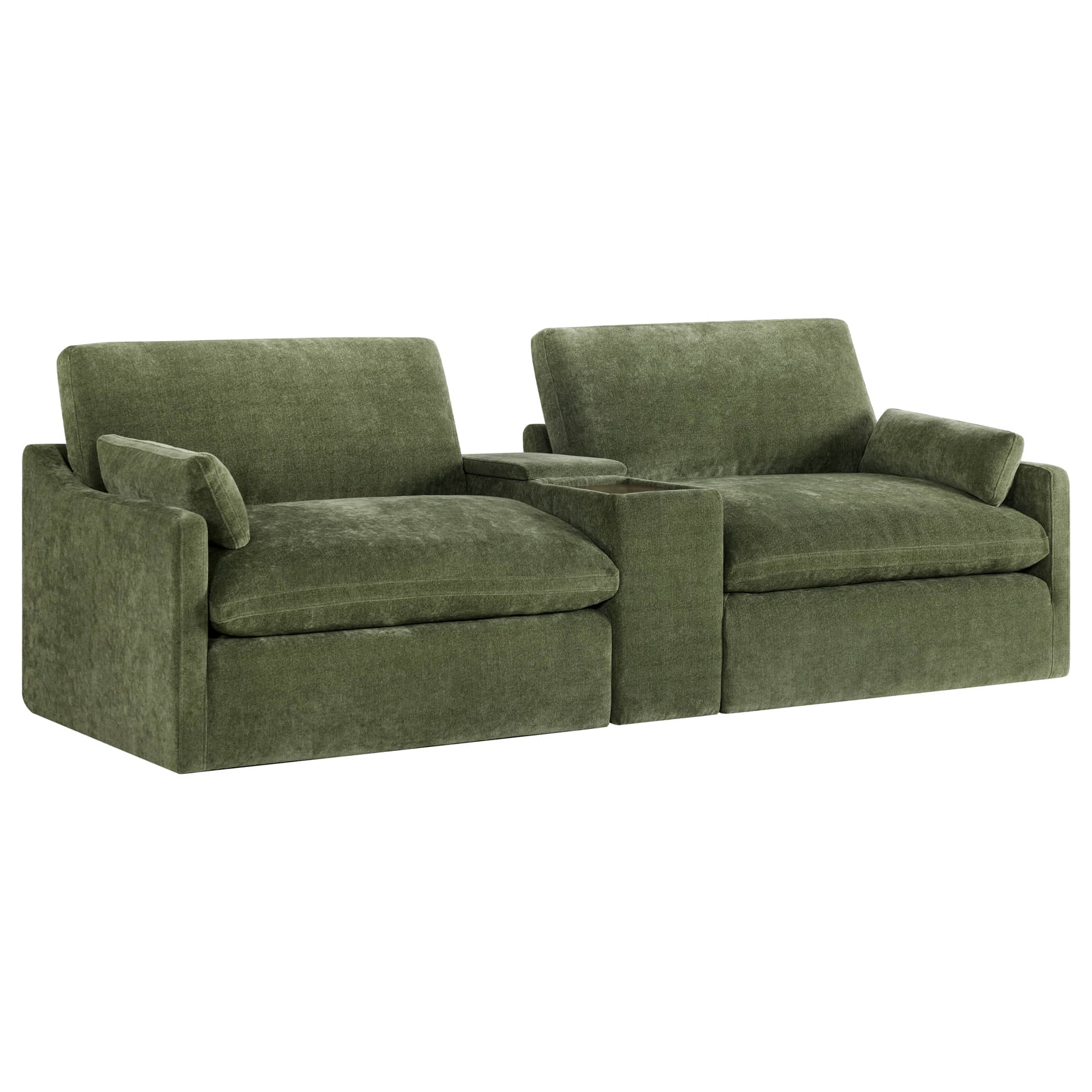 Kenna 2 Seat Modular Sofa in olive green with center console, modern design, comfortable seating