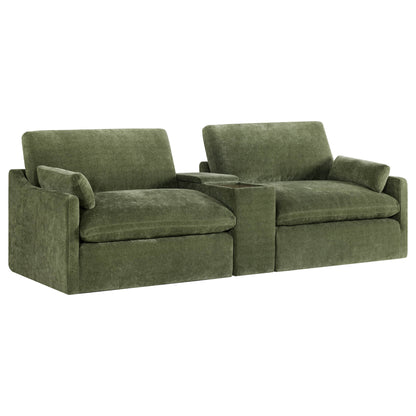 Kenna 2 Seat Modular Sofa in olive green with center console, modern design, comfortable seating