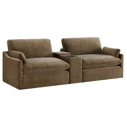 Kenna 2 Seat Modular Sofa in brown fabric with center console, modern design, and comfortable seating.