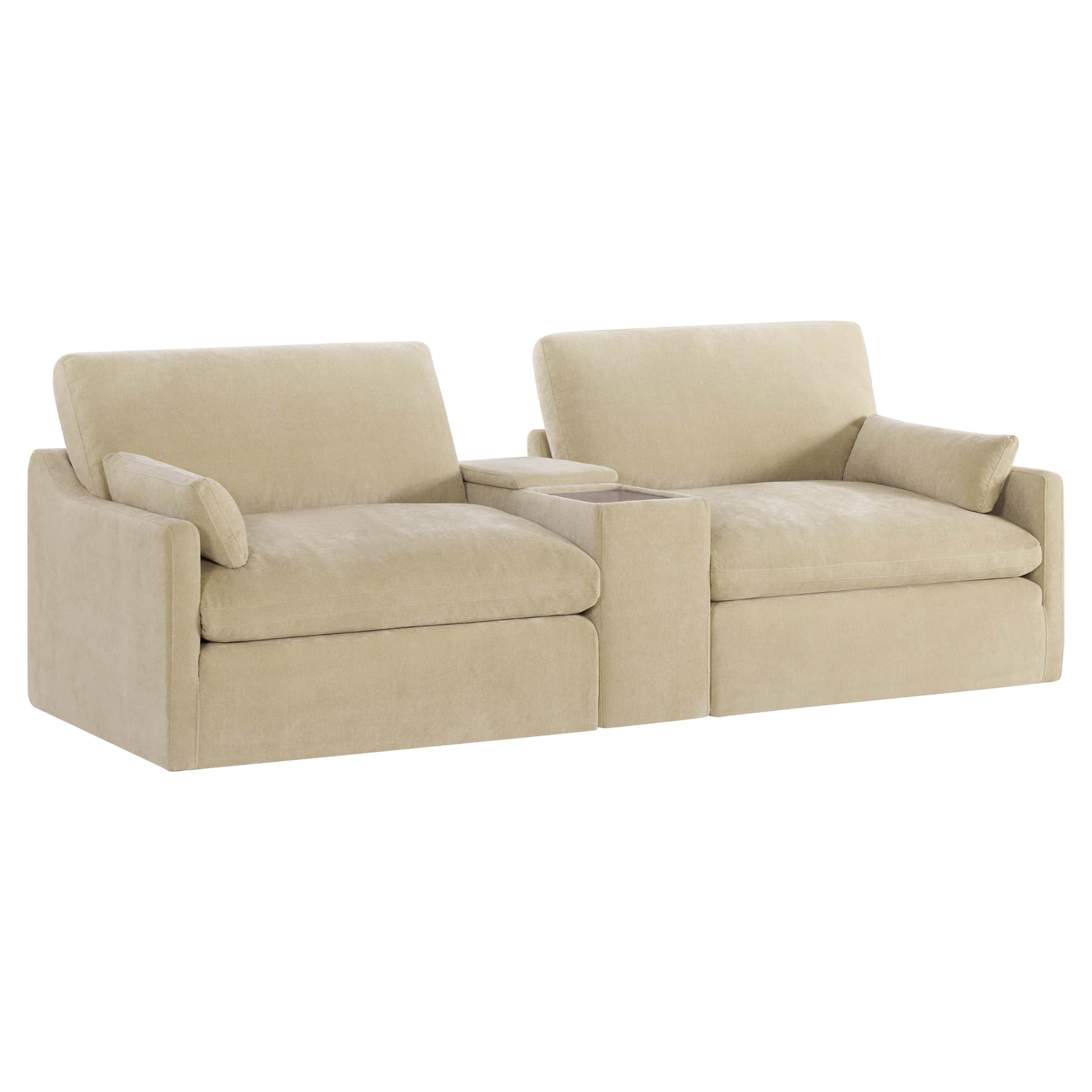 Kenna 2-Seat Modular Sofa in beige with center console. Comfortable seating with soft cushions. Modern design.
