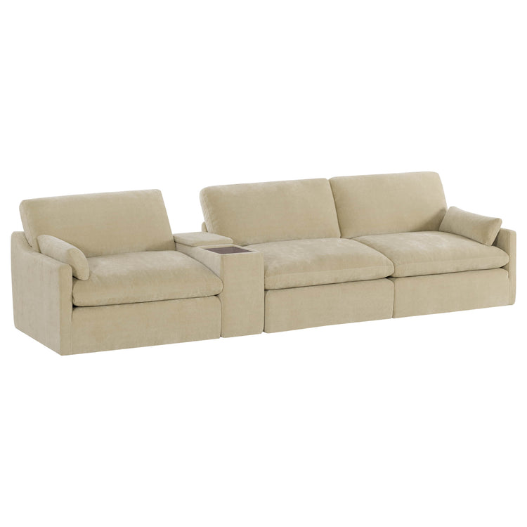 Kenna 3-Seat Modular Sofa in beige. Modern, deep seating, and comfortable living room furniture.
