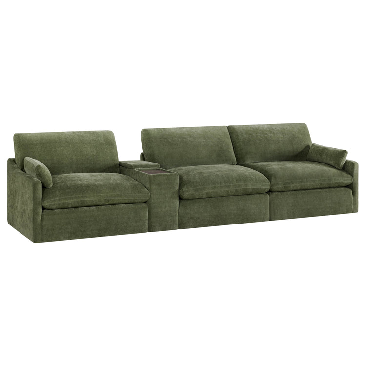 Kenna 3-Seat Modular Sofa in green fabric. Modern design with deep seating.