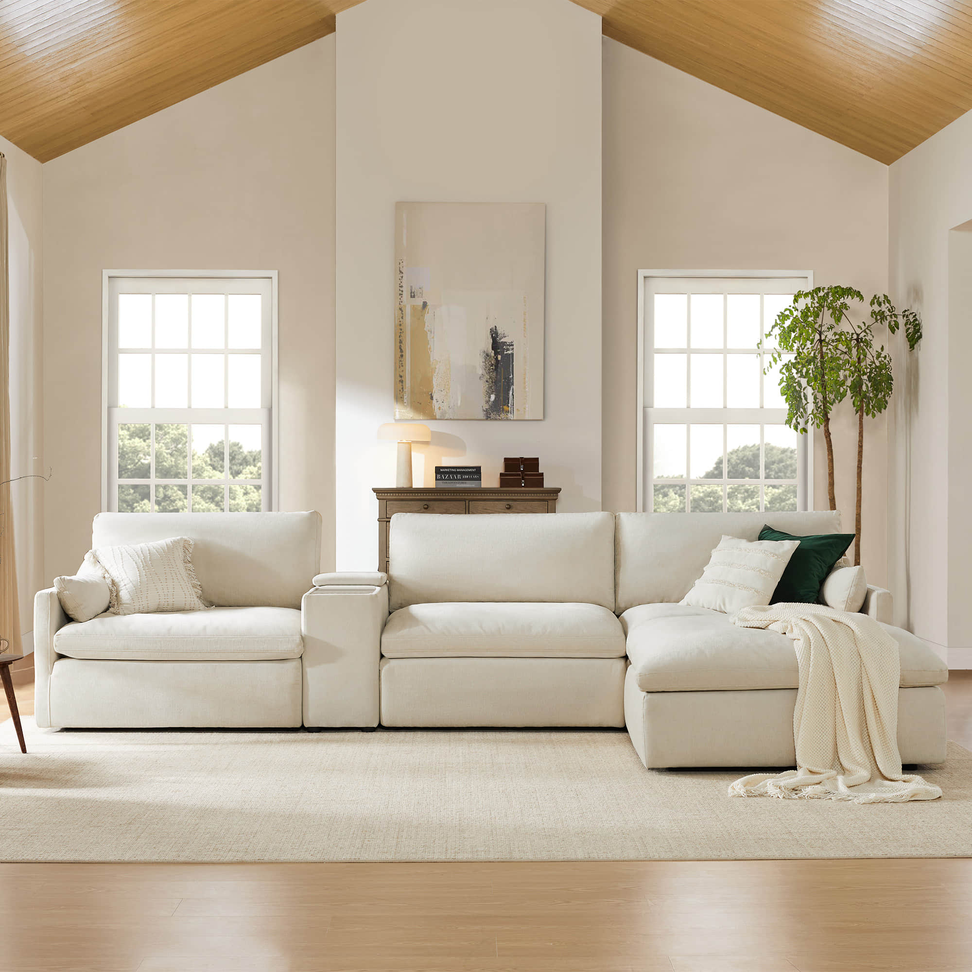 Cream Kenna Modular Sofa-Chaise Sectional in a spacious living room with soft cushions