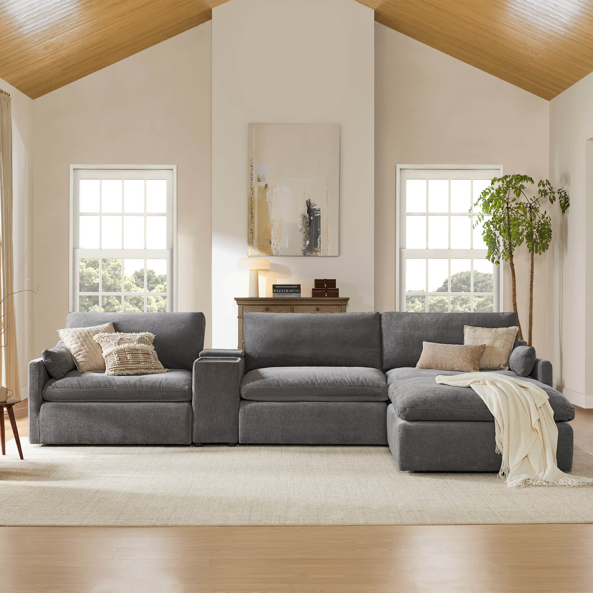 Kenna Modular 4 Seat Sofa-Chaise Sectional in gray, comfortable seating, soft cushions, and modular design
