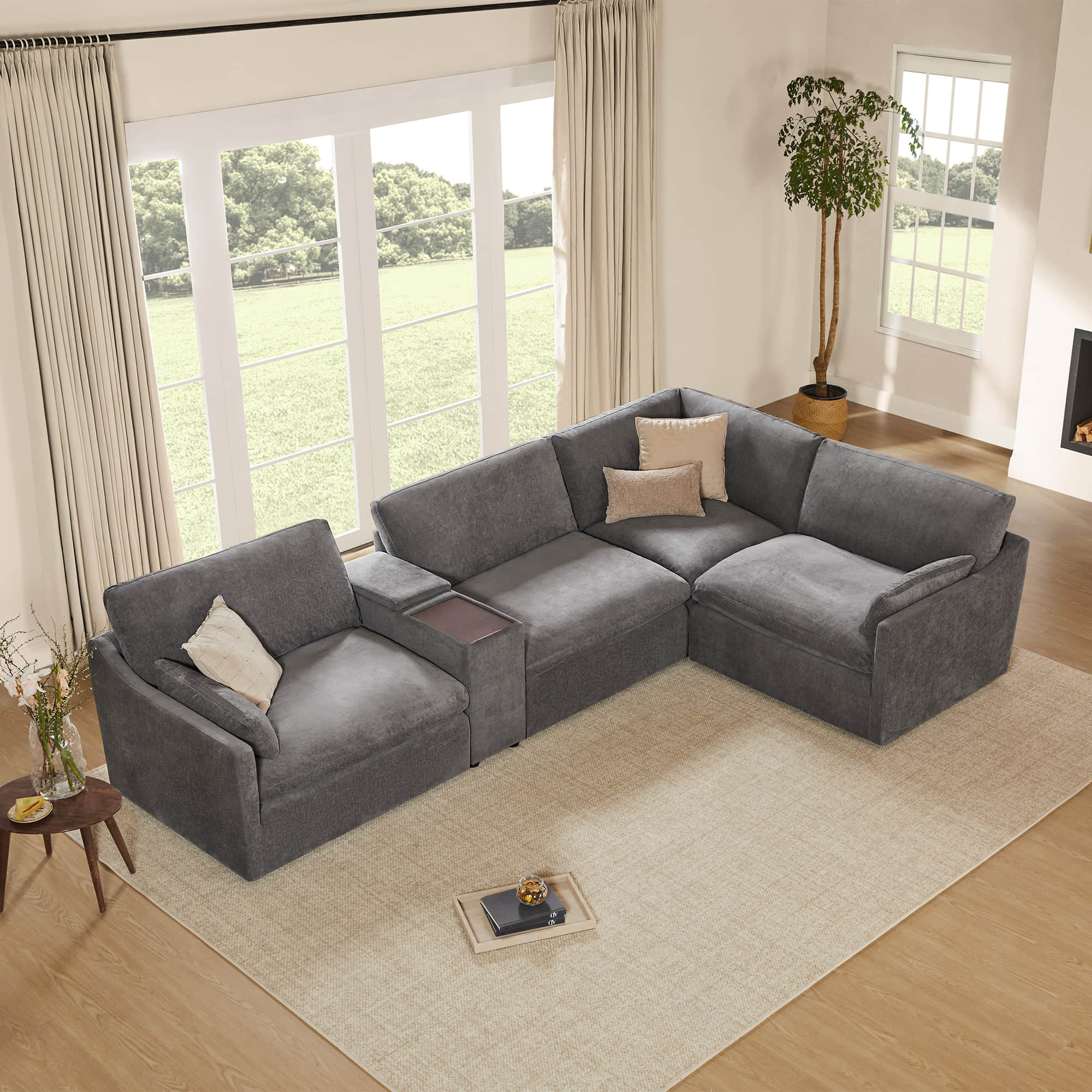 Gray Kenna Modular 4 Seat Sofa-Chaise Sectional, modern design, comfortable seating.