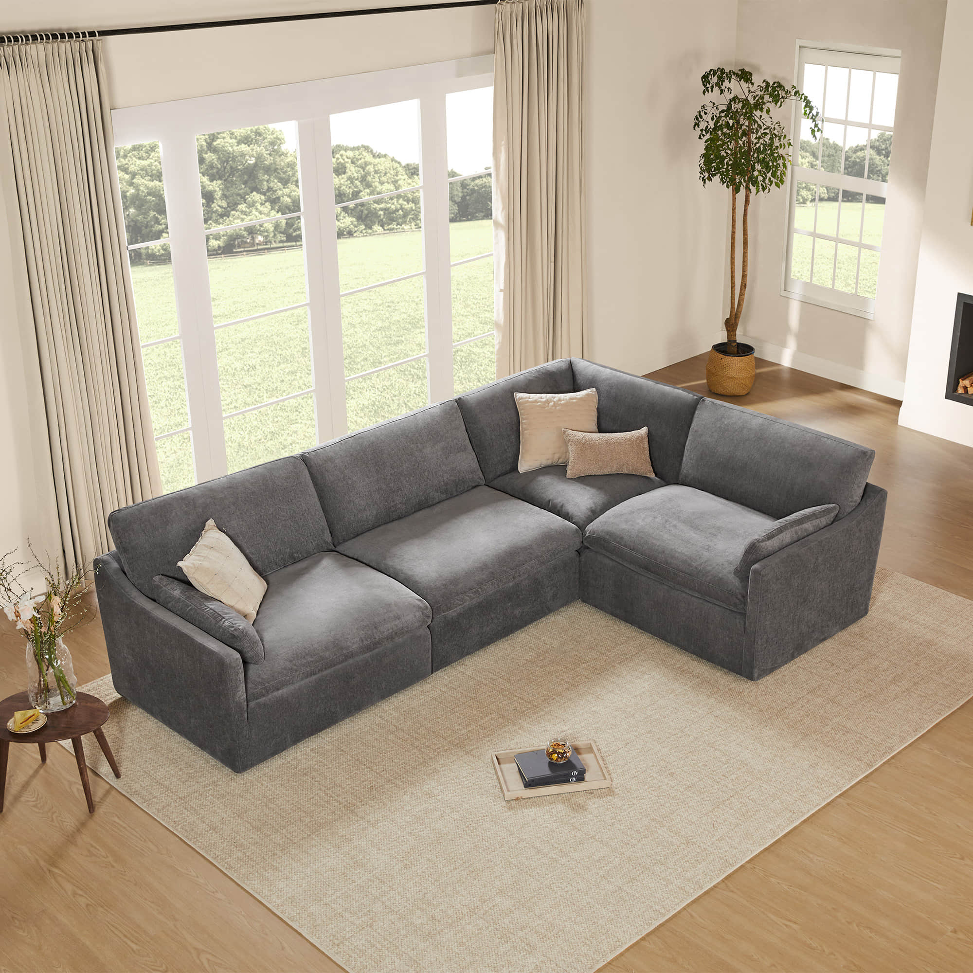 Kenna Modular 4 Seat Sofa-Chaise Sectional in gray, comfortable seating, soft cushions, and modular design.