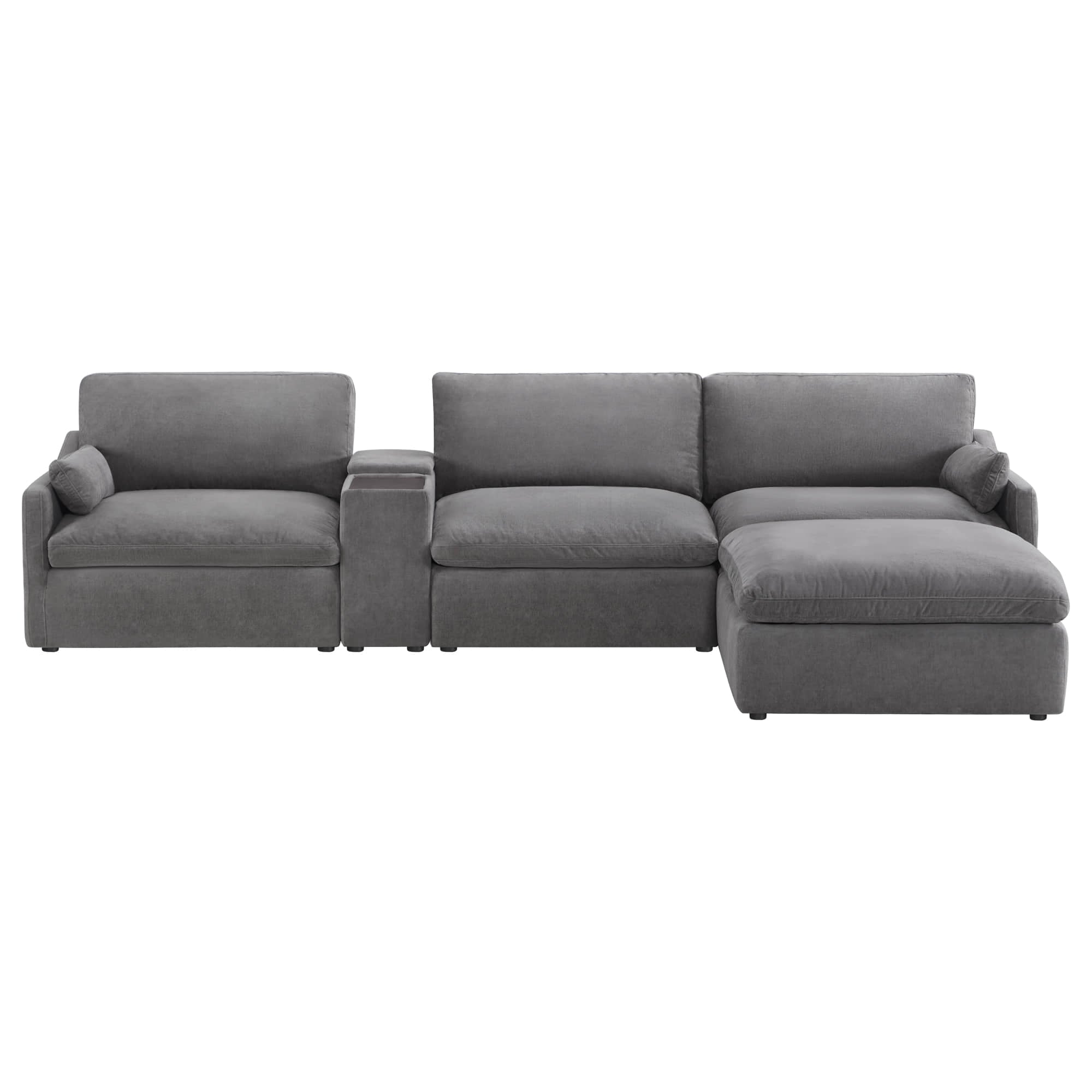 Kenna Modular 4 Seat Sofa-Chaise Sectional in Gray. Comfortable seating with soft cushions and modular design.