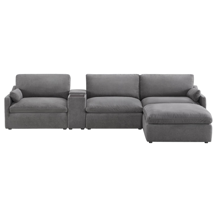 Kenna Modular 4 Seat Sofa-Chaise Sectional in Gray. Comfortable seating with soft cushions and modular design.