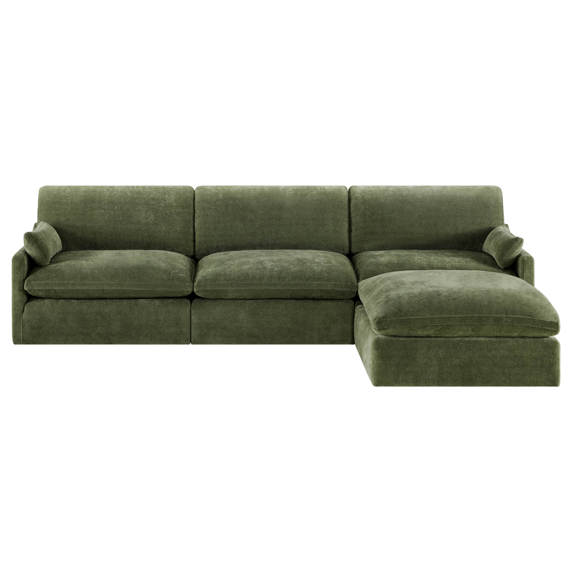 Kenna Modular 4 Seat Sofa-Chaise Sectional in olive green fabric, comfortable seating, modular design.