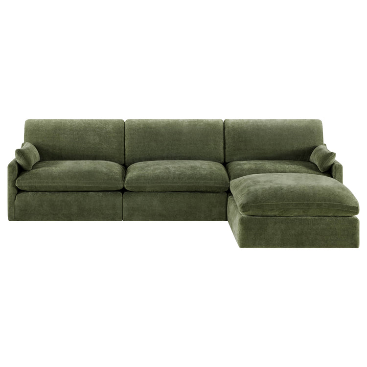 Kenna Modular 4 Seat Sofa-Chaise Sectional in olive green fabric, comfortable seating, modular design.