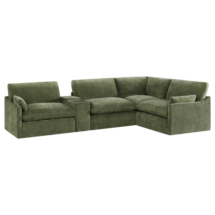 Kenna Modular 4 Seat Sofa-Chaise Sectional in olive green, comfortable seating and modular design