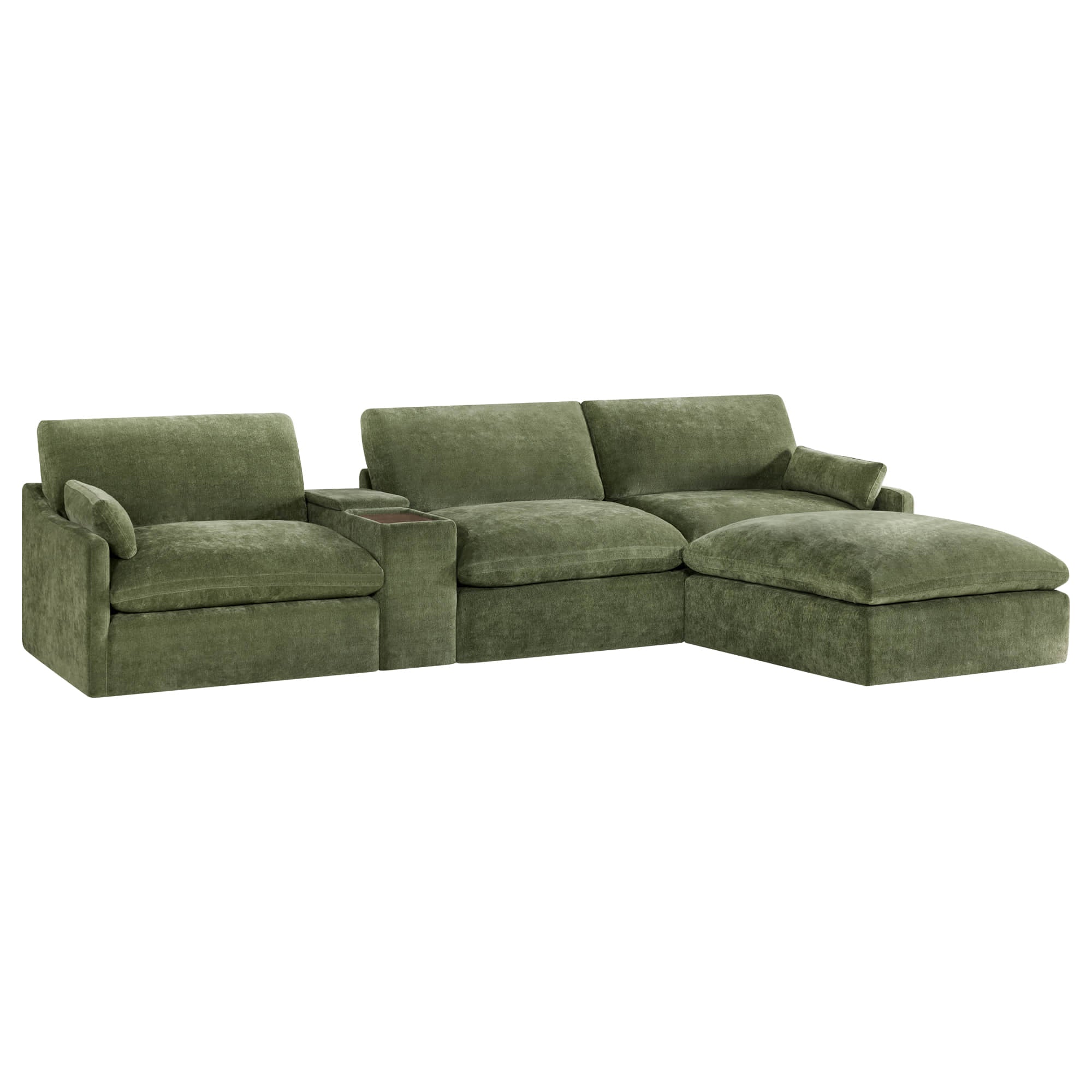 Kenna Modular 4 Seat Sofa-Chaise Sectional in Olive Green, modern seating with modular design and soft cushions.