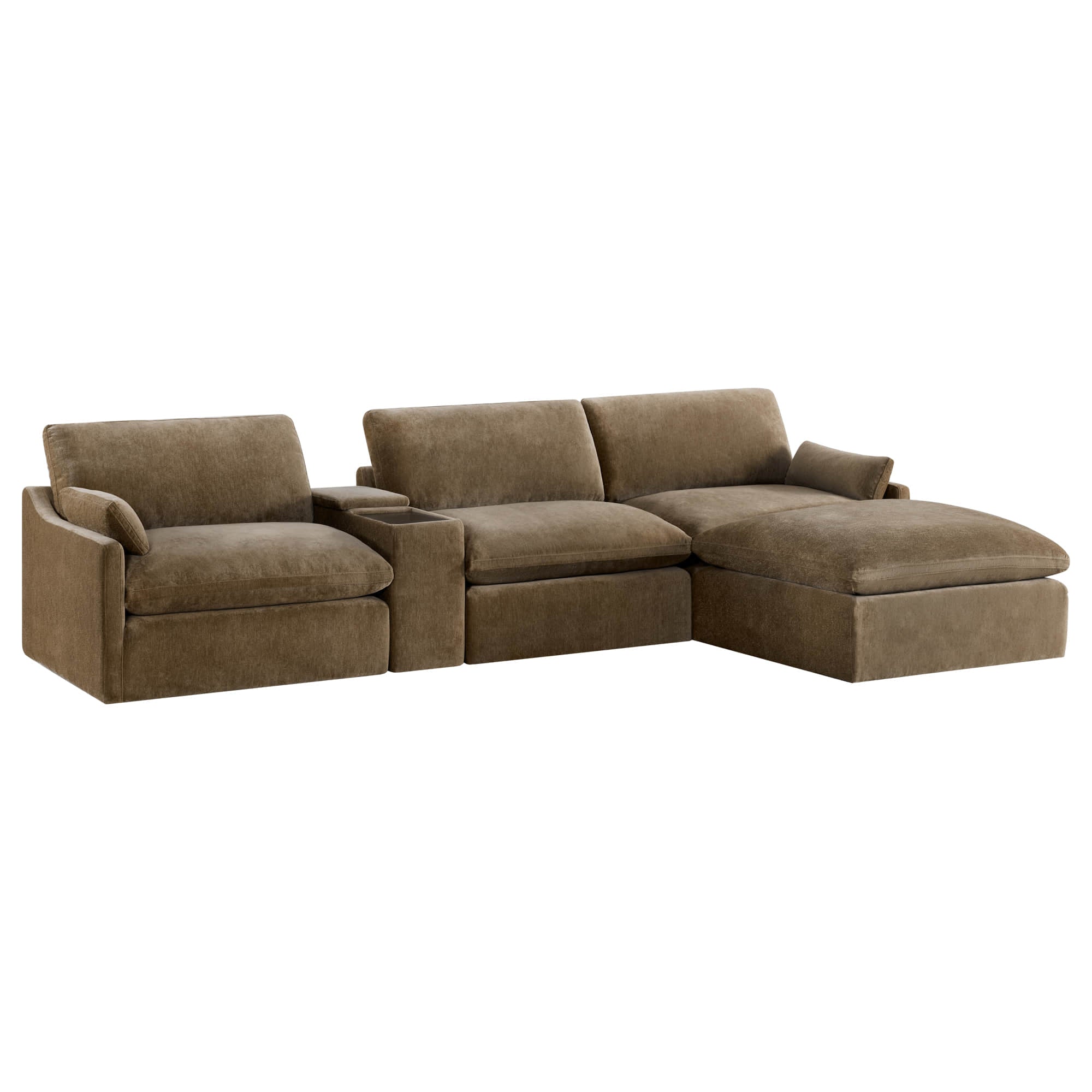 Kenna Modular 4 Seat Sofa-Chaise Sectional in brown, modern design with soft cushions and modular design