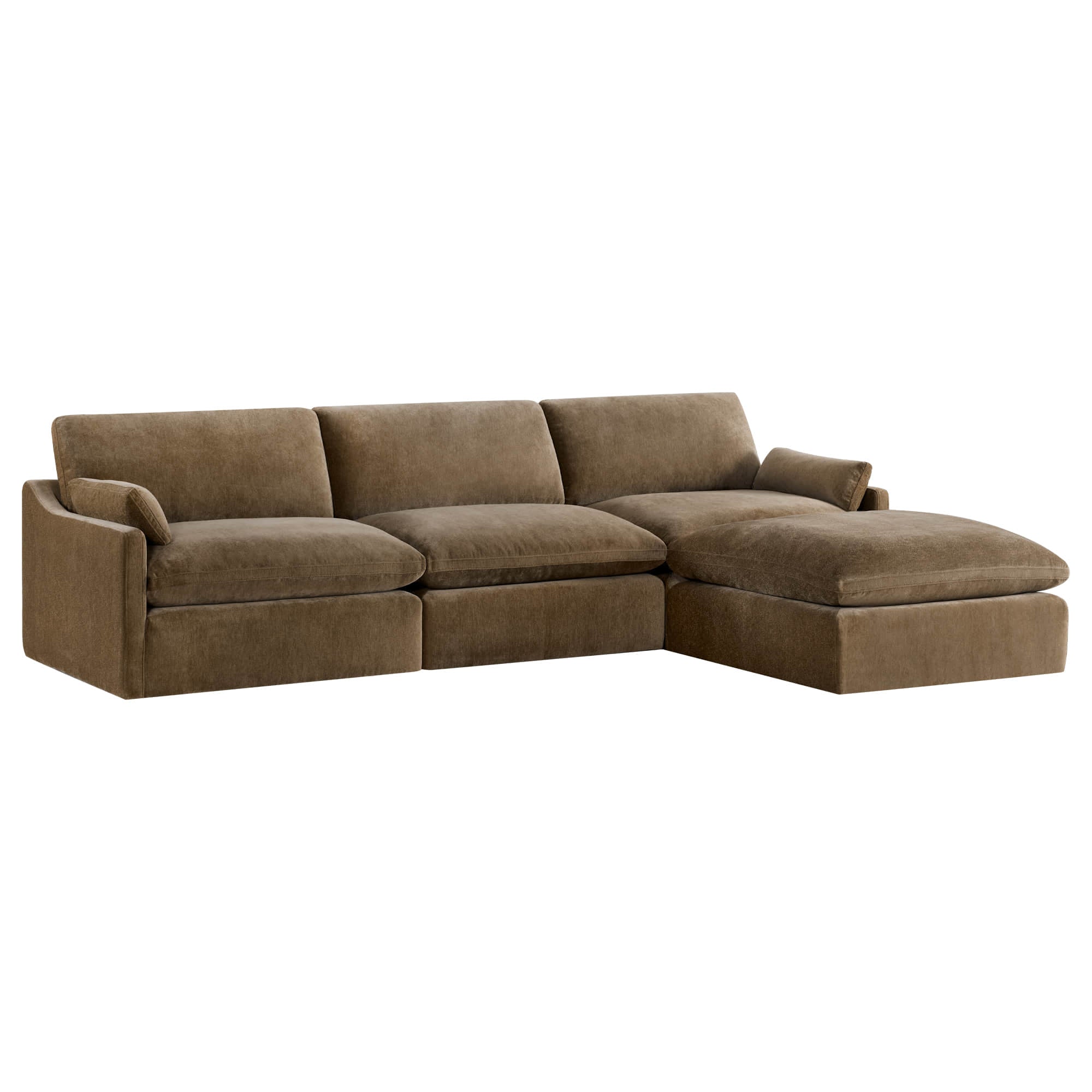 Kenna Modular 4 Seat Sofa-Chaise Sectional in brown fabric, modern design for living room.