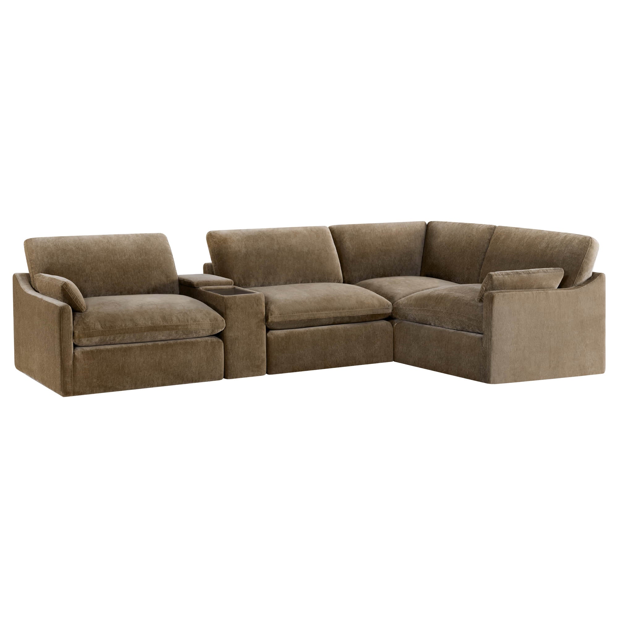 Kenna Modular 4 Seat Sofa-Chaise Sectional in brown, comfortable seating and modular design