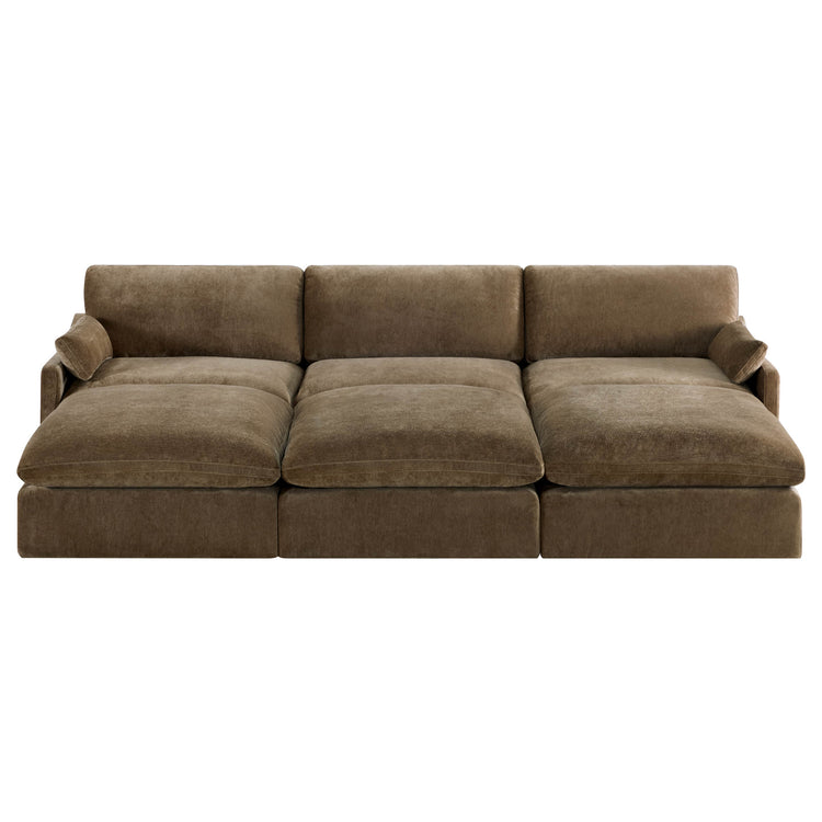 Kenna Modular 6 Seat Pit Sectional sofa in brown. Comfortable modern living room furniture.