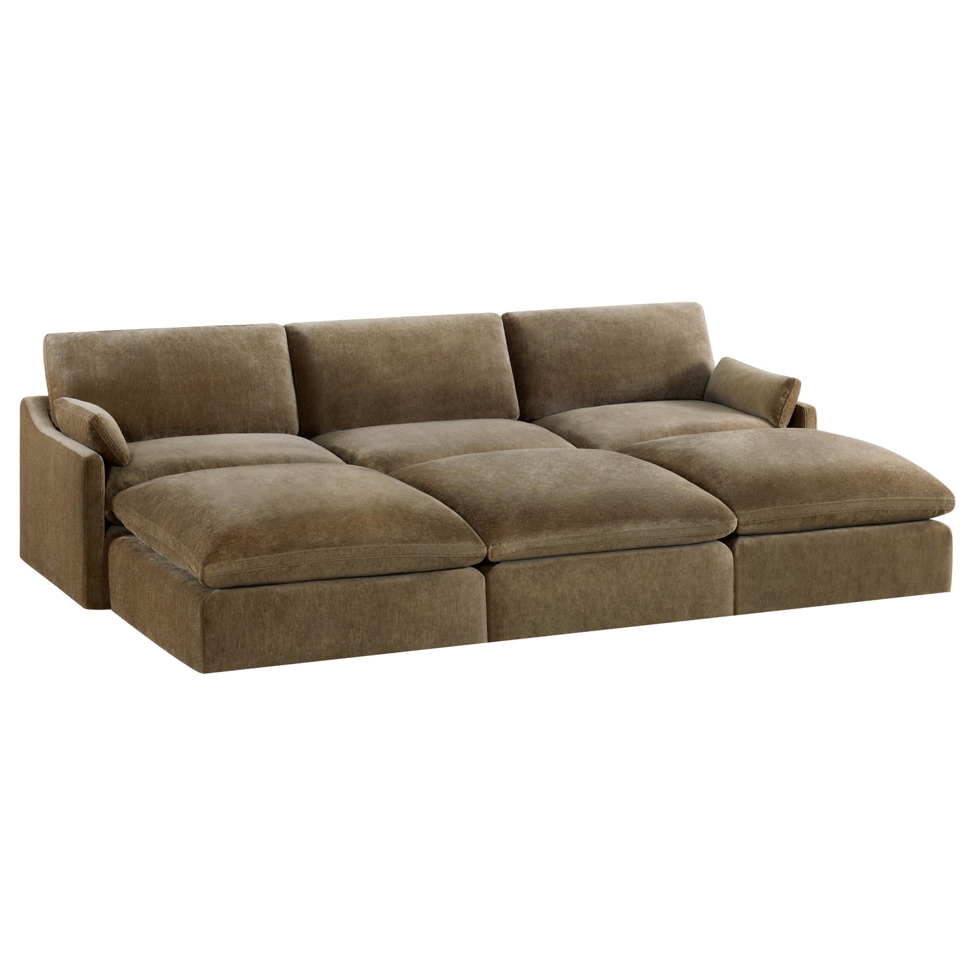 Kenna Modular 6 Seat Pit Sectional Sofa in Brown. Deep seating, modern living room furniture