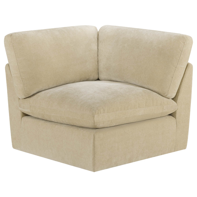 Kenna Modular Corner Seat in cream fabric. Comfortable and stylish corner seating for living rooms. Soft, durable design