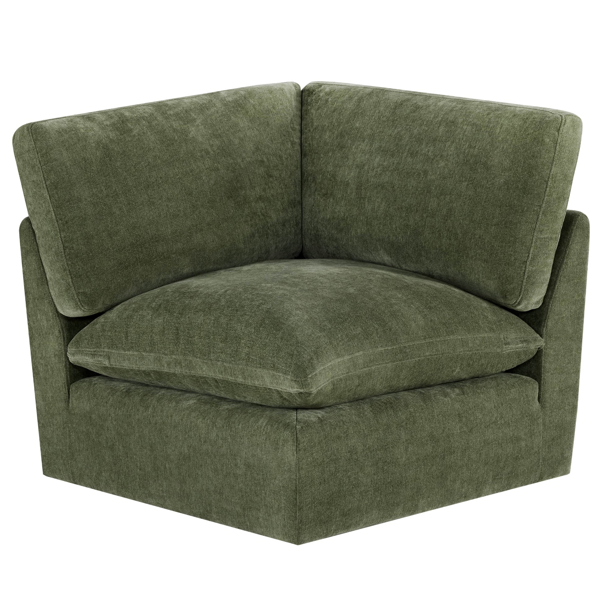 Kenna Modular Corner Seat in olive green fabric. Comfortable and stylish corner seating for living rooms.