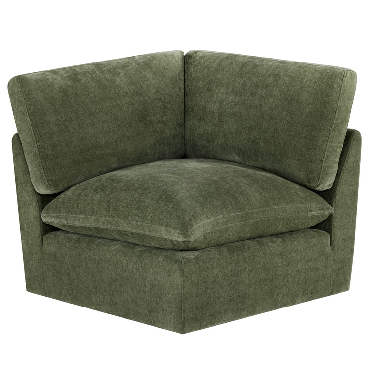 Kenna Modular Corner Seat in olive green fabric. Comfortable and stylish corner seating for living rooms.