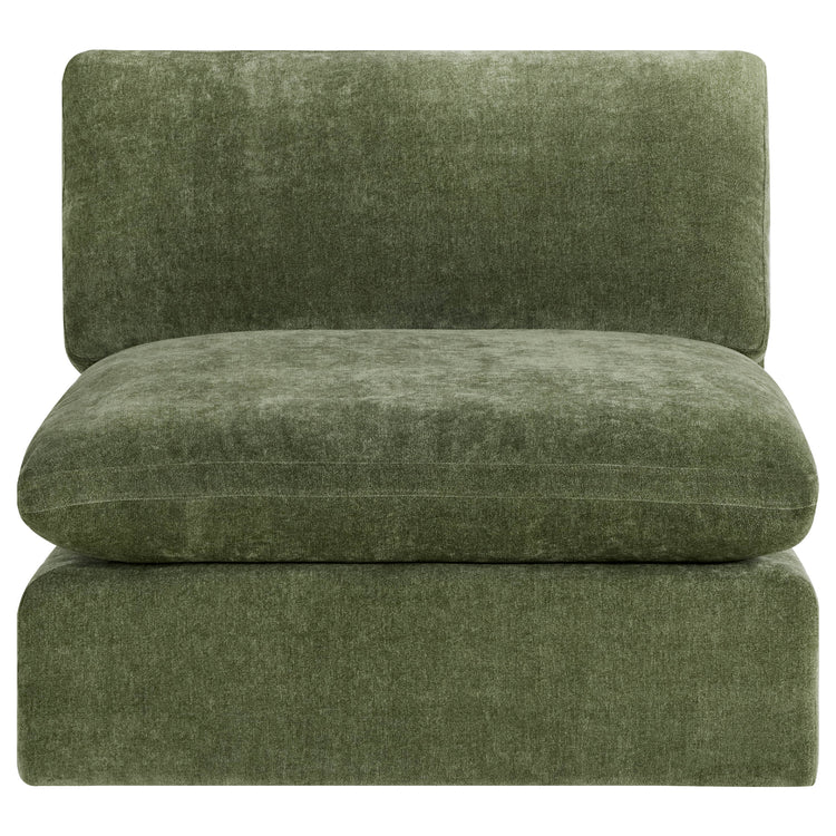 Kenna Armless Chair in olive green fabric. Modern, comfortable seating.