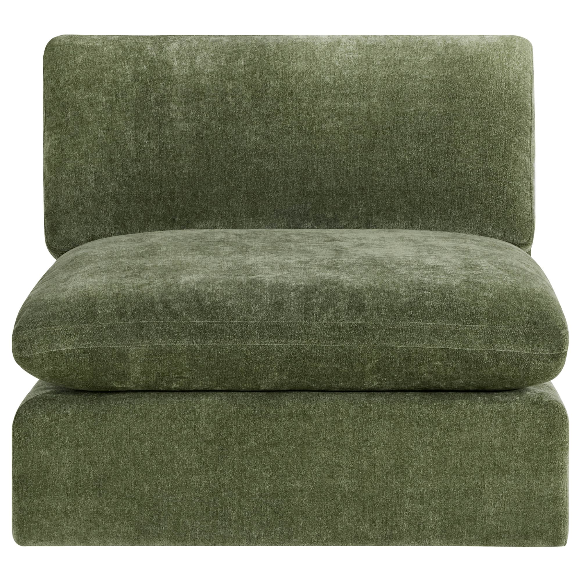 Kenna Modular Sofa-Chaise Sectional in Olive Green. Comfortable seating with soft cushions and modular design.