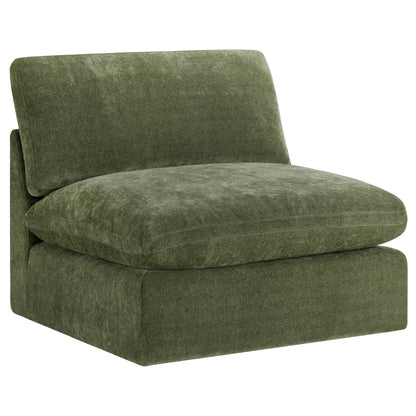 Kenna Armless Chair in olive green fabric. Modern design, comfortable seating for living room