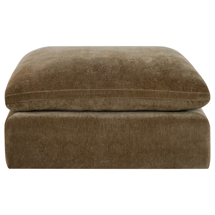 Kenna Ottoman in brown fabric. Comfortable, soft seating for living room, perfect for relaxation.