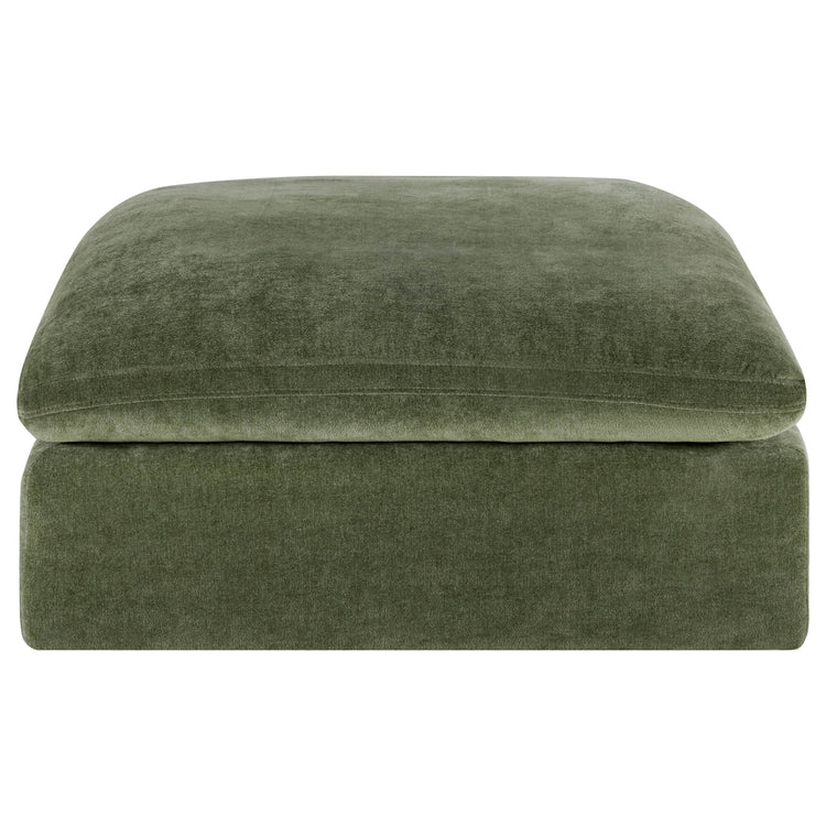 Kenna Ottoman in Olive Green fabric. Comfortable, soft seating for living room.