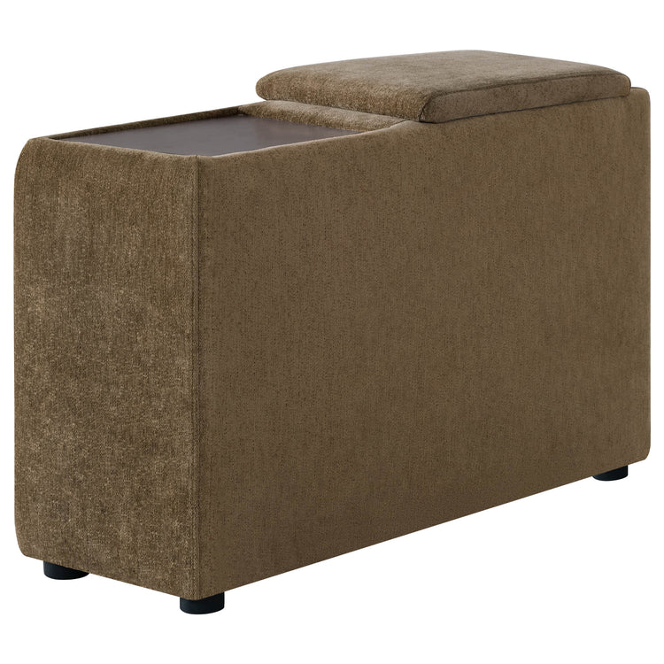 Kenna Modular Sofa Ottoman in brown fabric with a wooden top. Modern, comfortable seating.