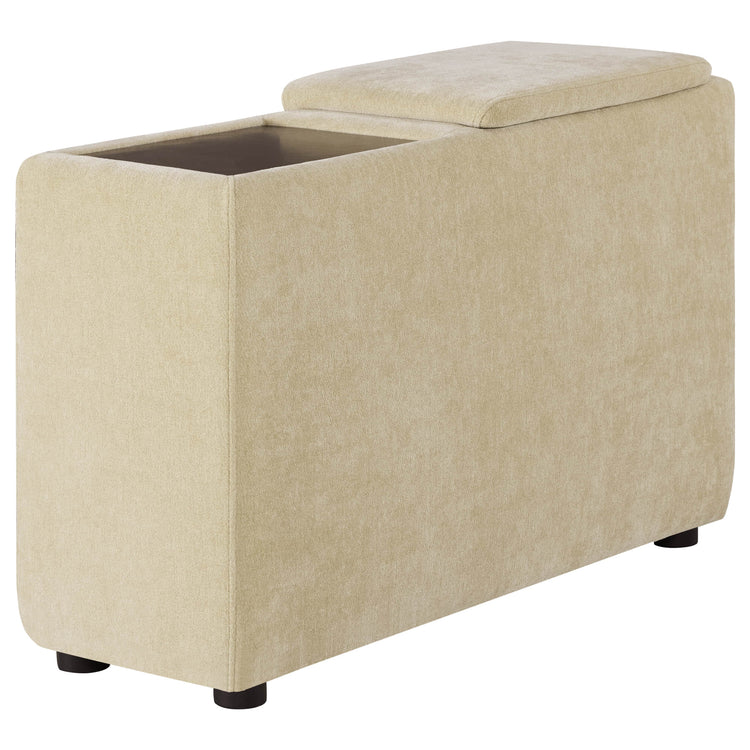Kenna Modular Sofa Ottoman in beige with storage bench and wooden top, modern design.