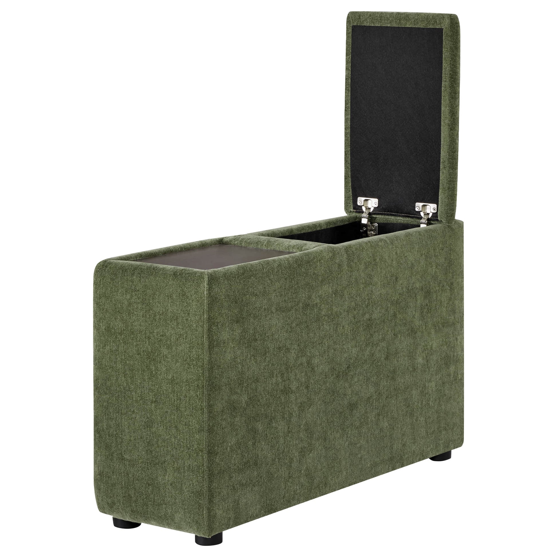 Kenna Modular Sofa Ottoman in olive green, storage bench with open lid, wooden top, modern design, and comfortable seating