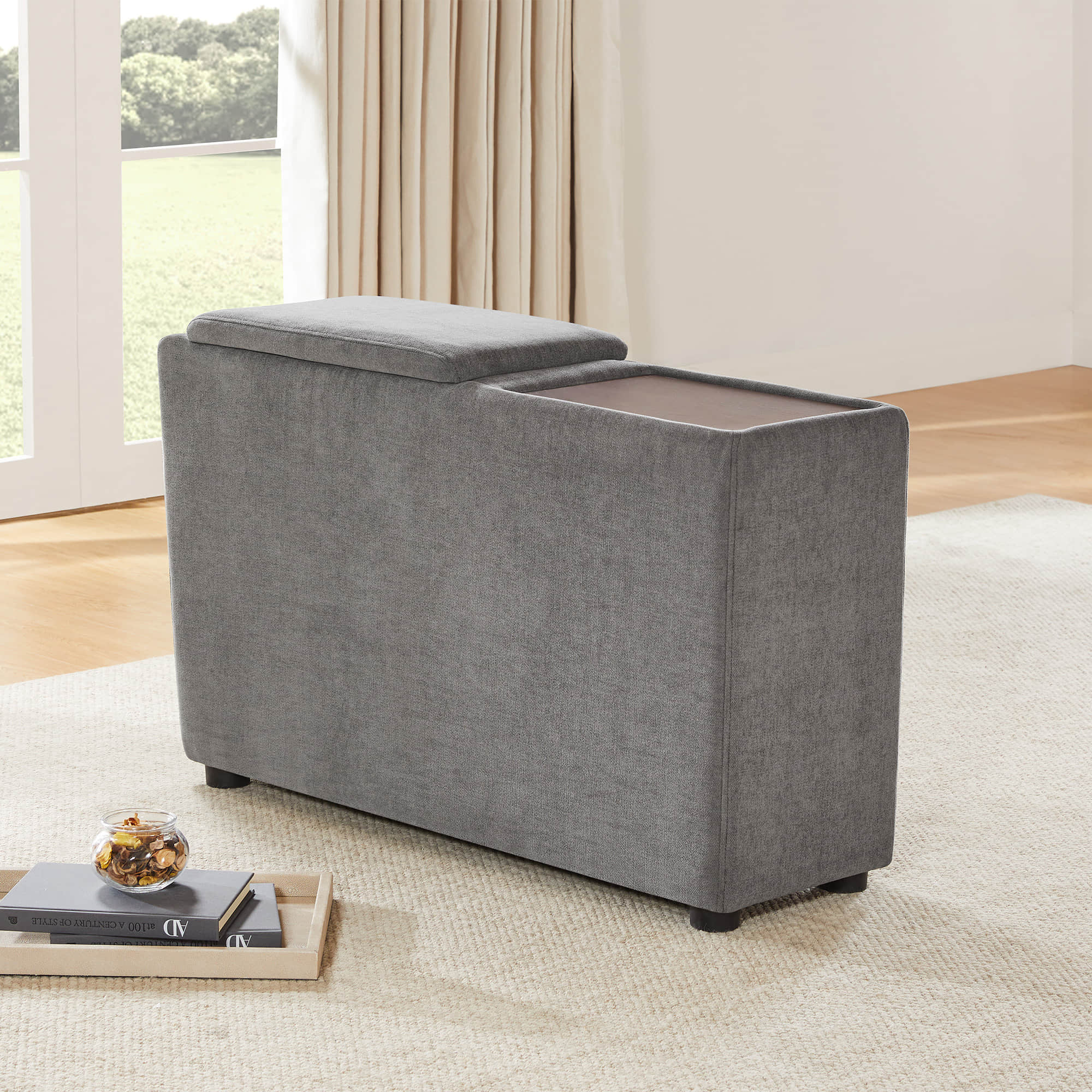 Gray Kenna Modular Ottoman with lift-top and storage, modern living room design