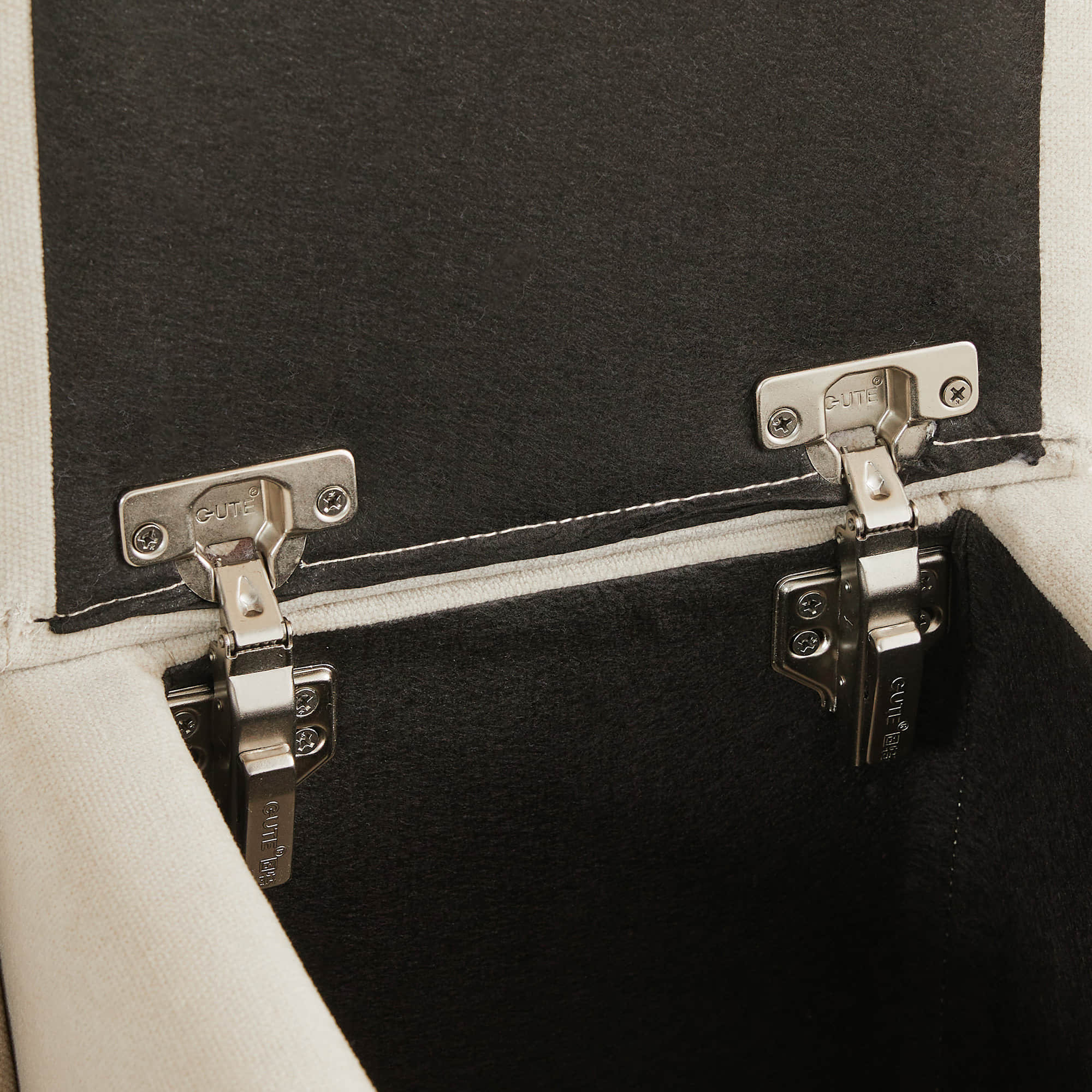 Kenna Modular Sofa-Chaise Sectional detailed hinge with GUTE logo, engineered wood frame