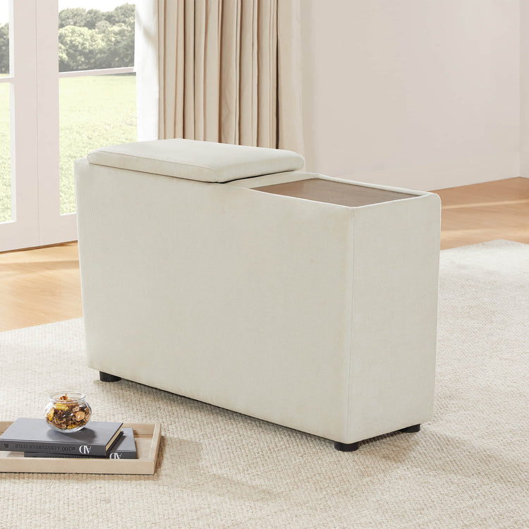 CHITA Kenna Storage Console Table in beige fabric with a lift-top